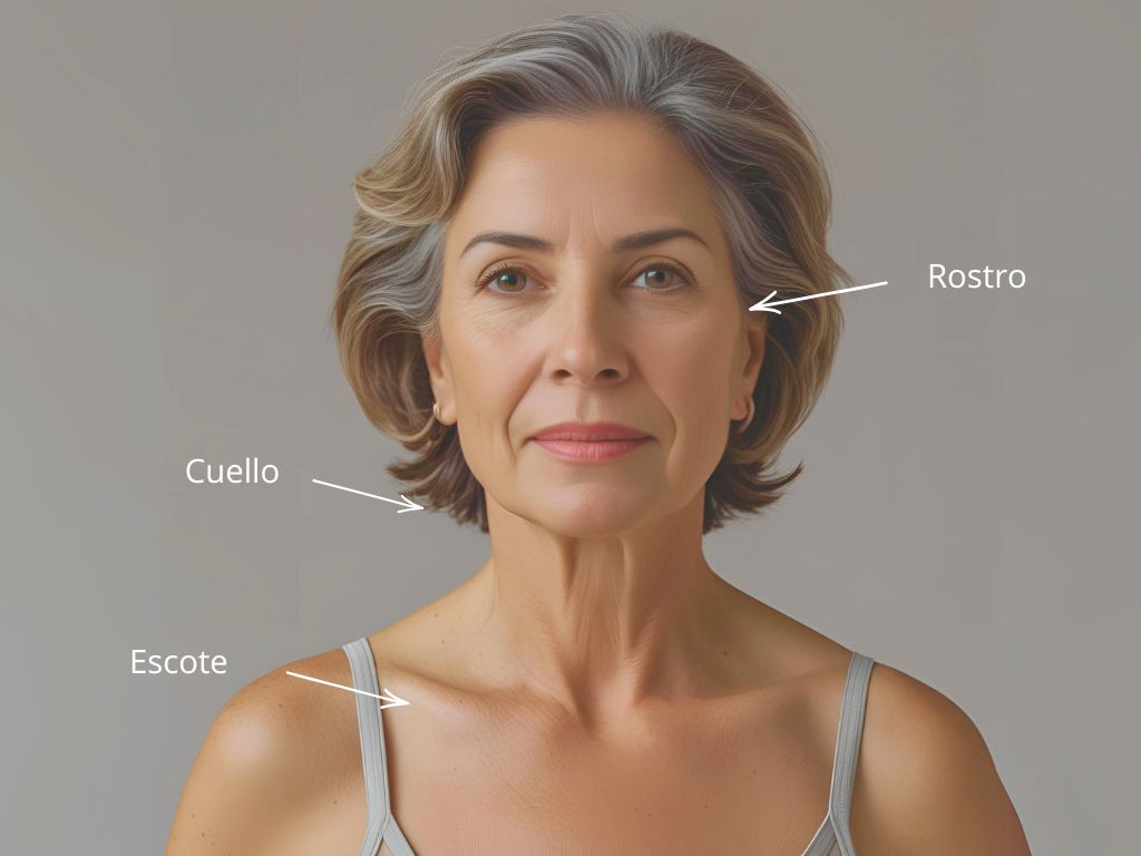 Zonas de aplicación del tratamiento Rejuvenecimiento con láser Alma Q: rostro, cuello y escote.