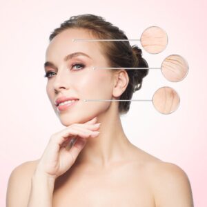 Rostro de mujer con zonas de diagnostico de tecnología VISIA