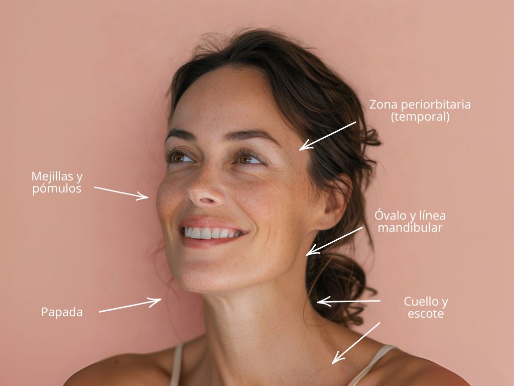 Rostro de mujer donde se señalan las zonas de aplicación de los hilos tensores